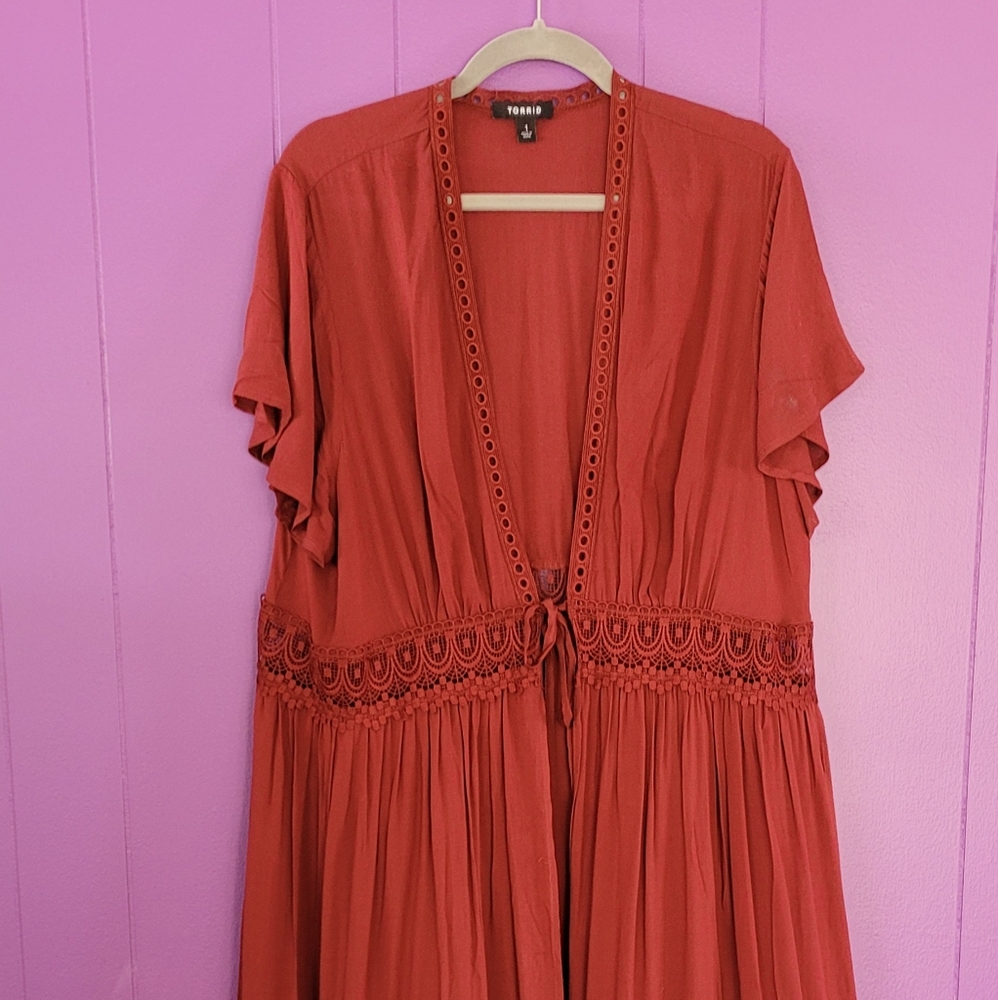 Torrid Auburn Gauze Crochet Duster Kimono
